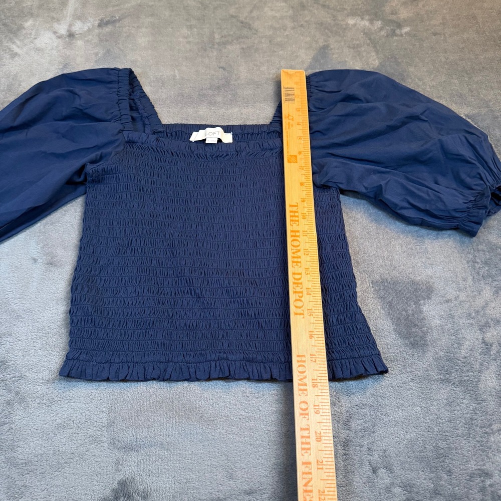 LOFT Smocked Puff Sleeve Blouse Womens Small Navy Blue Square Neck Ruffle - Picture 7 of 8